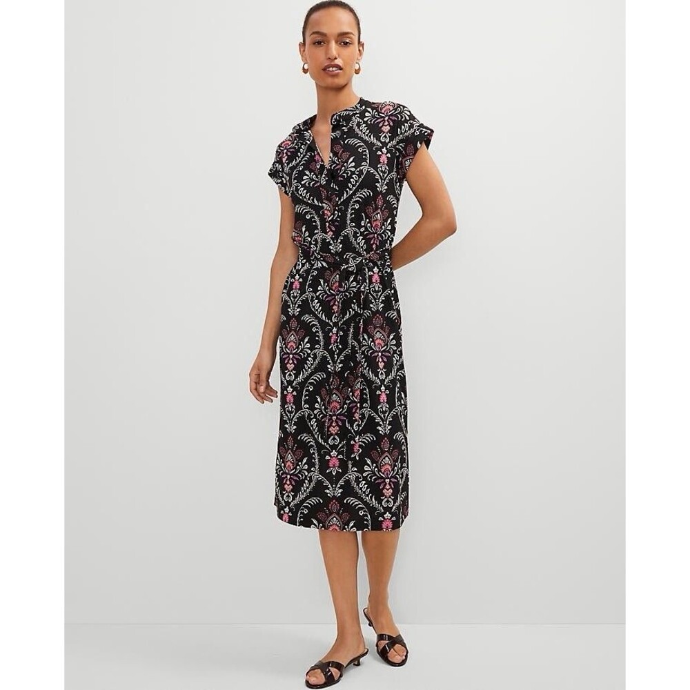 Ann Taylor Floral Knit Belted Shirt Dress Midi Black Pink Paisley Women’s XL